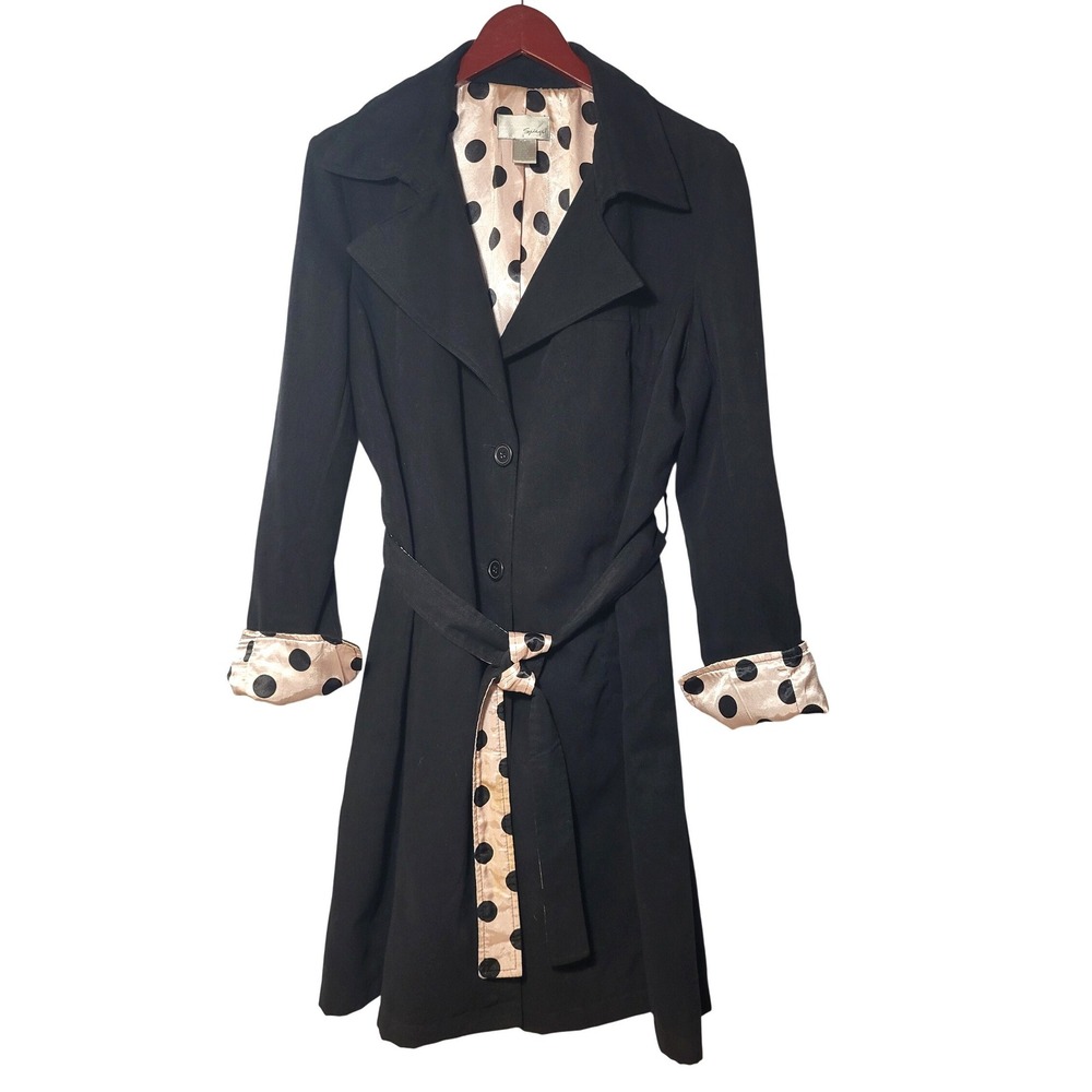 VTG Spiegel Black Trench Coat Pink Polka Dot Lining Belted Pockets Size 16 Retro